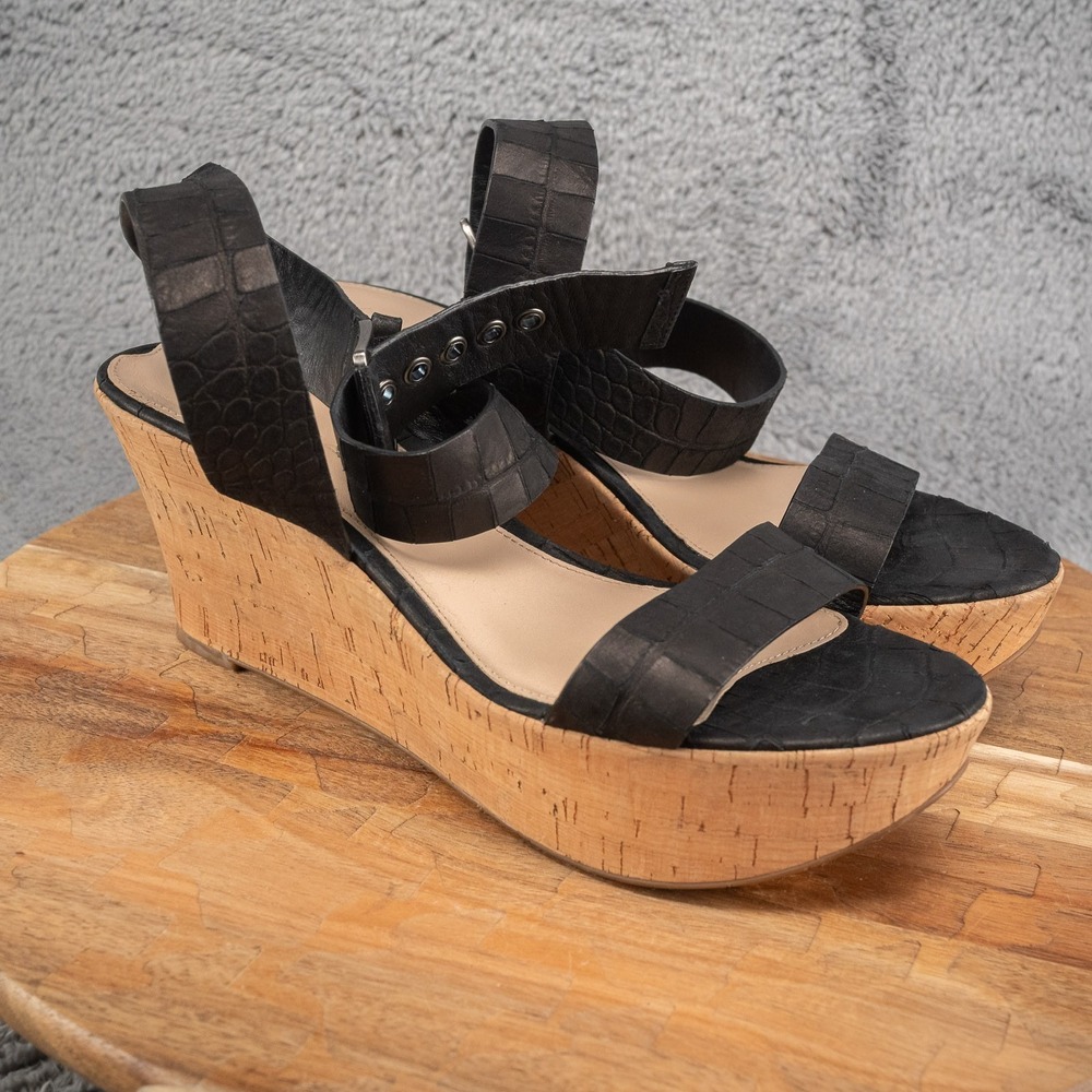 VIA SPIGA BLACK CROCO LEATHER WEDGE SANDAL 3"HEEL WOMEN'S US 9.5 RETAIL $199 HOT